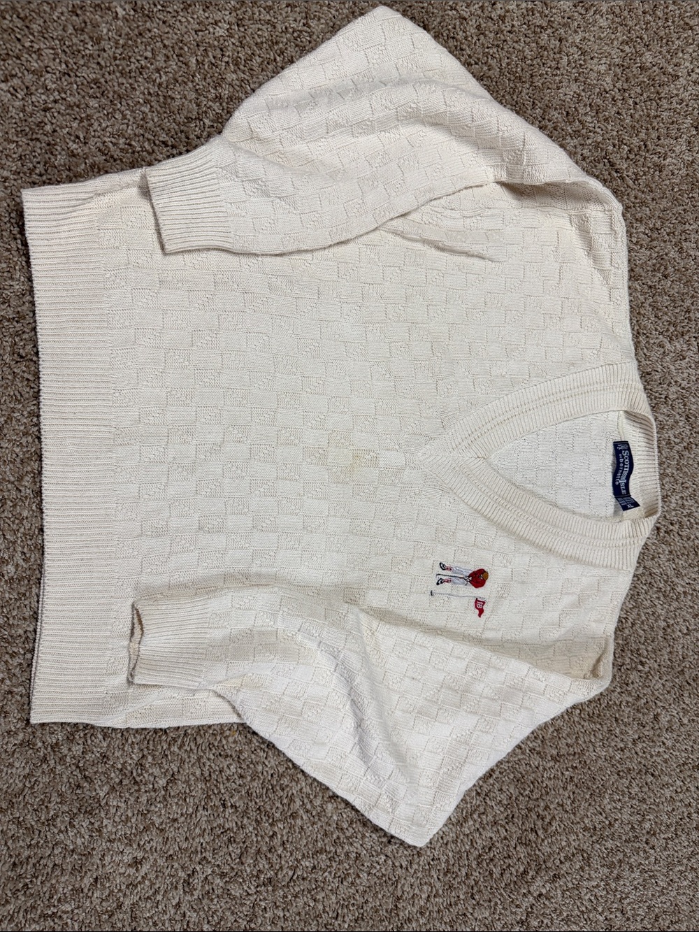 Vintage Scottish isle Cream V-Neck Knit Sweater with Embroidered Polo Motif